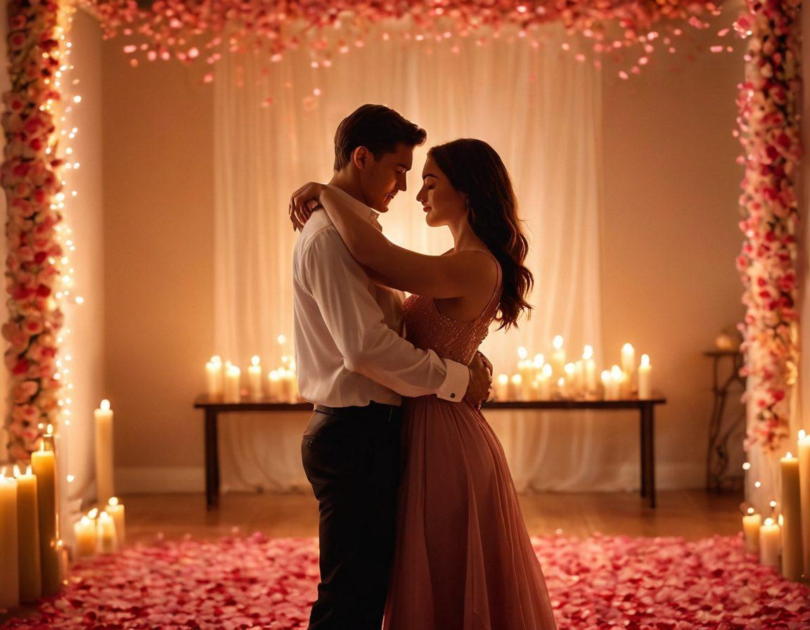 An intimate scene depicting a couple dancing closely in a softly lit room, surrounded by delicate rose petals and candles casting a warm glow. Their expressions reveal deep affection and connection, with flowing fabric accentuating their movements. Background features abstract silhouettes that enhance the mood of sensuality and romance. Soft bokeh effect adds an ethereal touch. super-realistic. warm colors. soft focus.