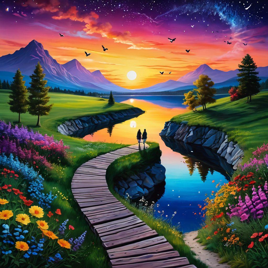 A whimsical landscape featuring a winding path representing the journey of love, with vibrant flowers symbolizing flirtation and a serene lake indicating fulfillment. In the foreground, a couple gazes towards the horizon, filled with hope and dreams, while playful butterflies flutter around them. The sky transitions from a golden sunset to a starry night, illustrating the passage of time in relationships. vibrant colors. surreal art.
