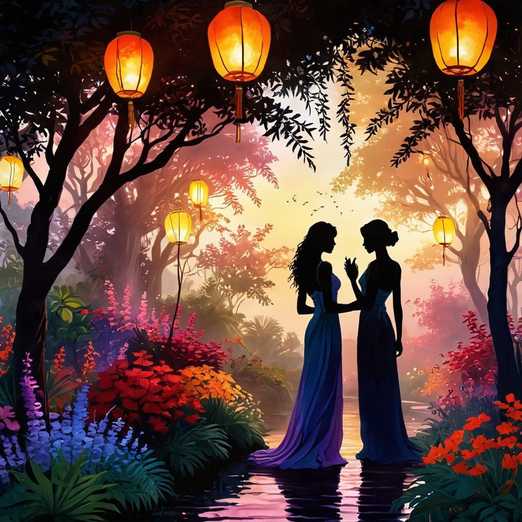 A whimsical scene depicting two silhouettes exploring a lush, exotic garden, intertwined amidst vivid flowers and soft, glowing lanterns. Ethereal wisps of air flow around them, symbolizing connection and arousal, while a soft sunset casts a warm, romantic light. The atmosphere is charged with passion and intimacy, inviting viewers into a world of sensual discovery. painting. vibrant colors. dreamy style.